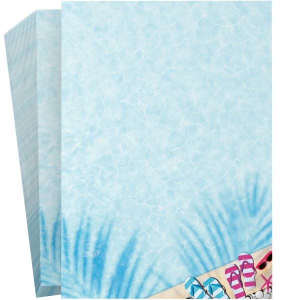Detailansicht Wasserreflexe und Sommer-Accessoires auf Briefpapier