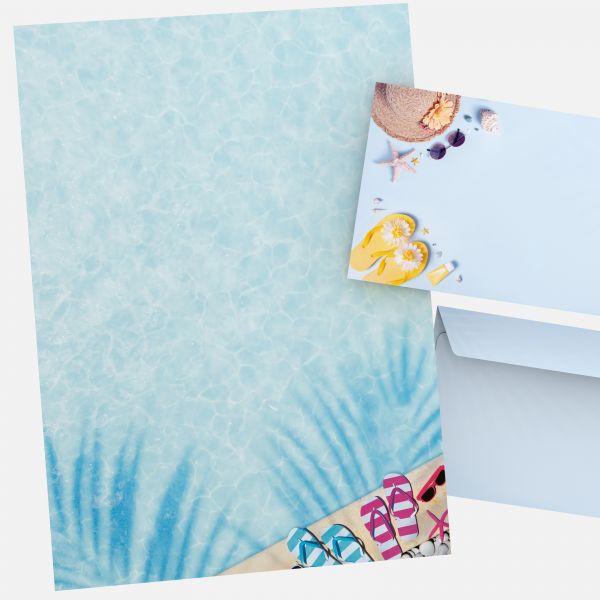 Gesamtansicht Sommer-Feeling Briefpapier mit Strandmotiv und passendem Umschlag