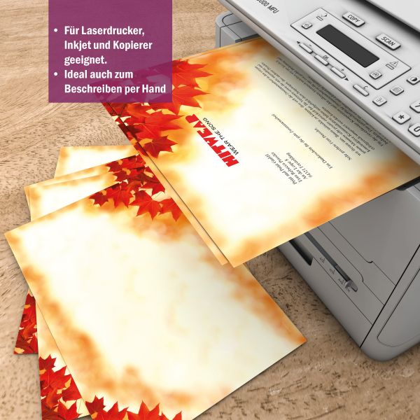 Briefpapier-Serie Rote Ahornblätter mit Papier, Kuverts und Etiketten