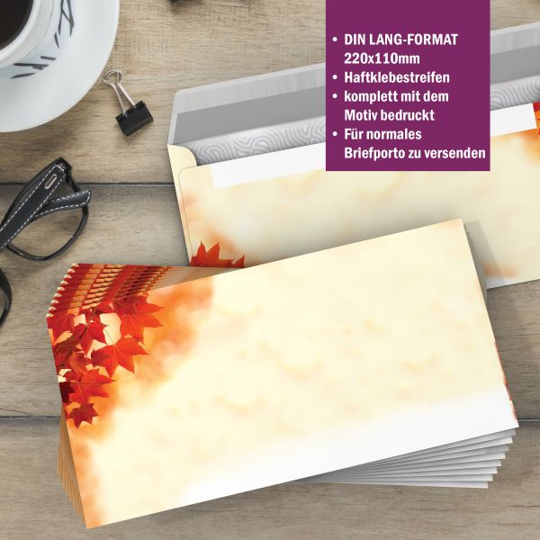Briefpapier-Serie Rote Ahornblätter mit Papier, Kuverts und Etiketten