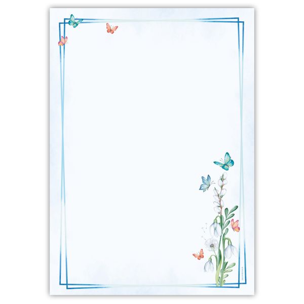 Motivpapier Frühlingsgefühle DIN A4 – Ein feiner blauer Rahmen mit kleinen Blüten und Schmetterlingen wirkt frisch, freundlich und aufgeräumt