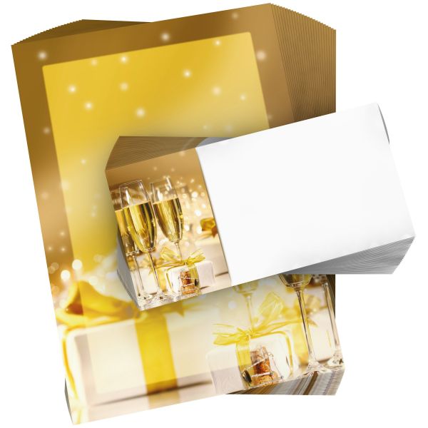 Motivpapier Geburtstagsgrüße DIN A4 – Goldene Geschenkakzente und Champagnergläser schaffen einen festlichen Rahmen für besondere Glückwünsche