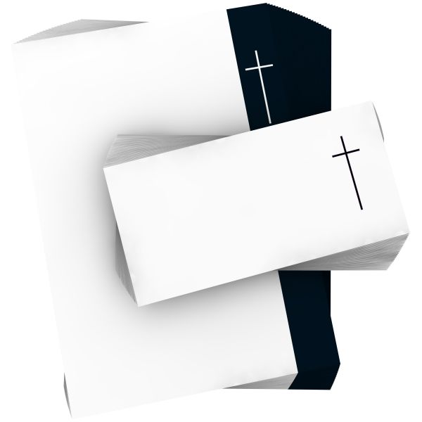 Motivpapier Trauerpapier Kreuz DIN A4 – Ein schmales weißes Kreuz auf dunklem Rand sorgt für eine klare, würdige und zurückhaltende Gestaltung