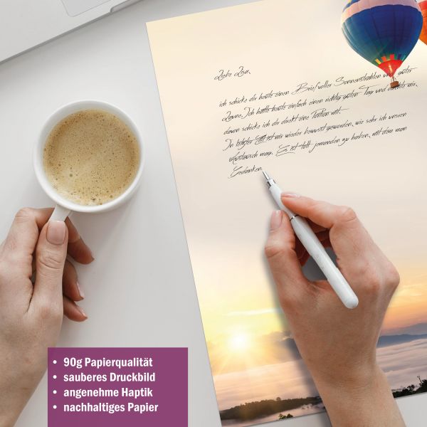 Briefpapier-Serie Wolkenreise im Ballon mit Papier, Kuverts und Etiketten