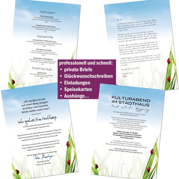 Motivpapier Marienkäfer im Gras DIN A4 – Briefpapier mit Kuverts mit/ohne Fenster