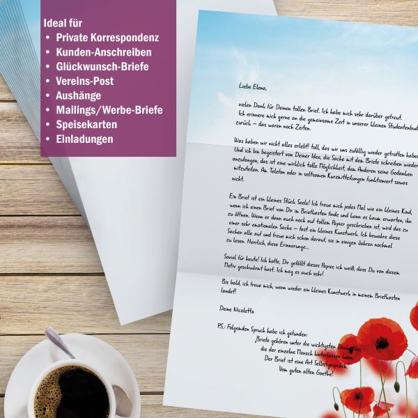 Motivpapier Mohnblumen DIN A4 – Briefpapier mit Kuverts mit/ohne Fenster
