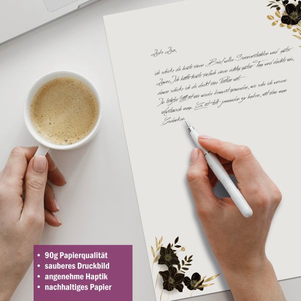 Briefpapier-Serie Black Flowers mit Papier, Kuverts und Etiketten