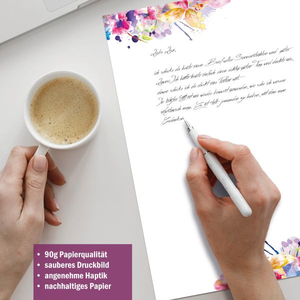 Briefpapier-Serie Farbenfrohe Blumen mit Papier, Kuverts und Etiketten