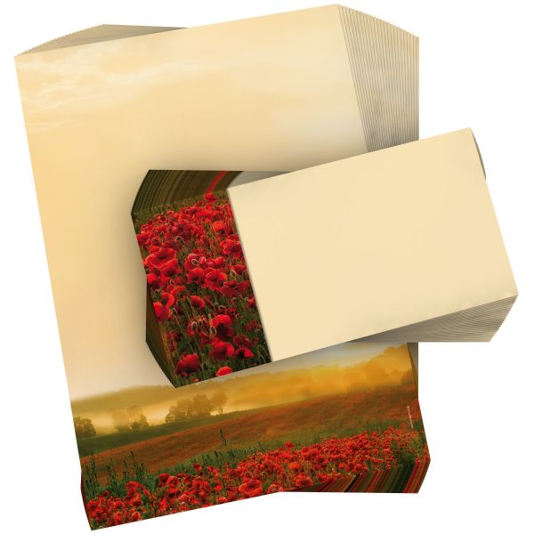 Motivpapier Goldener Herbst DIN A4 – Mohnfeld im goldenen Morgenlicht verbindet kräftige Farben mit weiter, ruhiger Landschaft