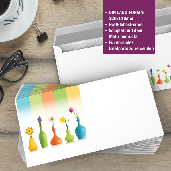 Colourful Flower Vases A4 Writing Paper – Stationery with window/non-window envelopes