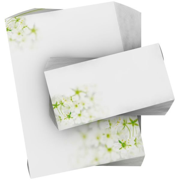 Motivpapier Frischer Frühling DIN A4 – Weiße Frühlingsblüten auf hellem Grund geben der Seite einen besonders frischen, sauberen Look