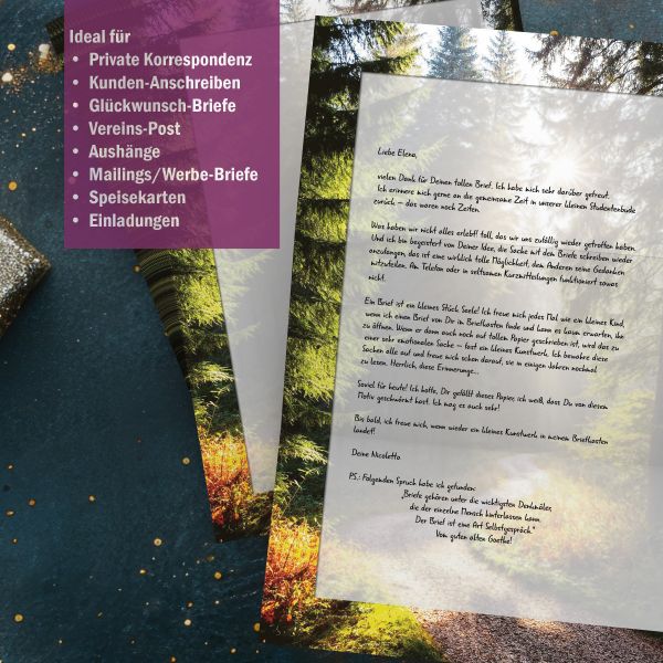 Motivpapier Sonniger Waldweg DIN A4 – Briefpapier mit Kuverts