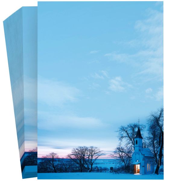 Festliches Weihnachtsbriefpapier Kapelle im Abendrot für private Weihnachtsgrüße