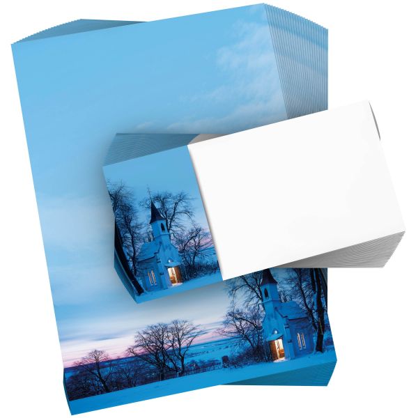 Stimmungsvolles Weihnachtsbriefpapier Kapelle im Abendrot für geschäftliche Grüße und Firmen
