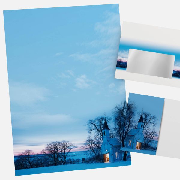 Festliches Weihnachtsbriefpapier mit Motiv Kapelle im Abendrot in DIN A4