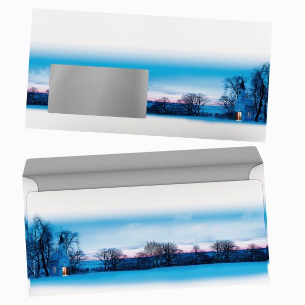 Weihnachtsbriefpapier Kapelle im Abendrot mit Fensterkuverts