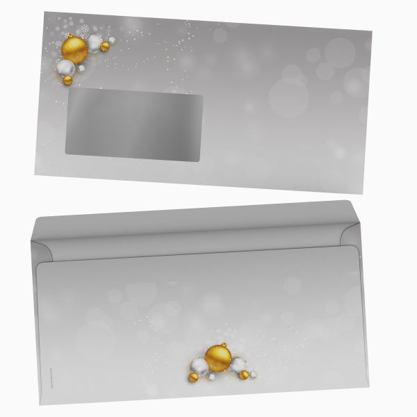 Christmas stationery Christmas Baubles Silver and Gold with window envelopes