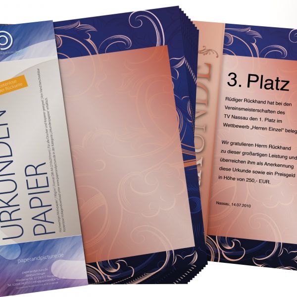 Urkundenpapier DIN A4 190 g/m² beidseitig bedruckt – Motiv Bronze mit dunkelblauer Rückseite