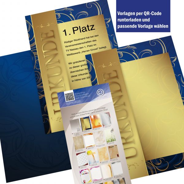 Urkundenpapier DIN A4 190 g/m² beidseitig bedruckt – Motiv Gold mit dunkelblauer Rückseite