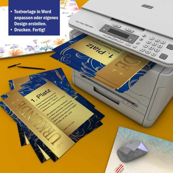 Urkundenpapier DIN A4 190 g/m² beidseitig bedruckt – Motiv Gold mit dunkelblauer Rückseite