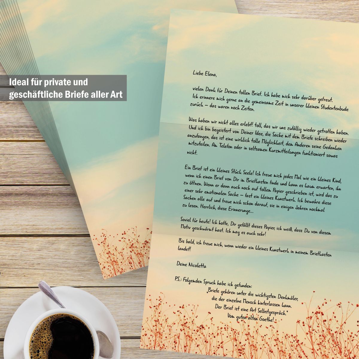 Detailansicht Sommerhimmel Briefpapier mit zartem Naturmotiv und hellem Himmel