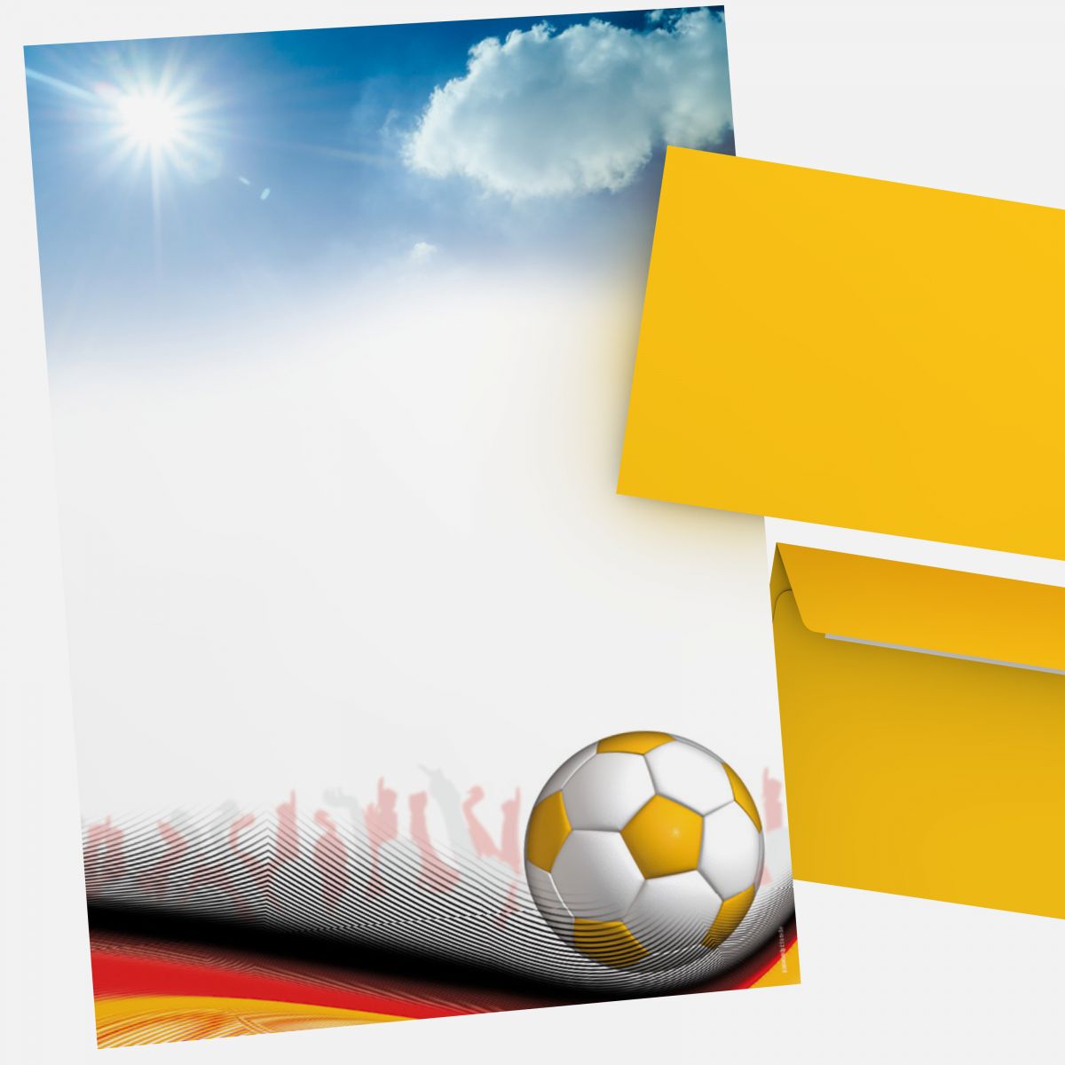 Briefpapier Fußball-WM DIN A4 mit Fußball, Fans und Deutschland-Farben