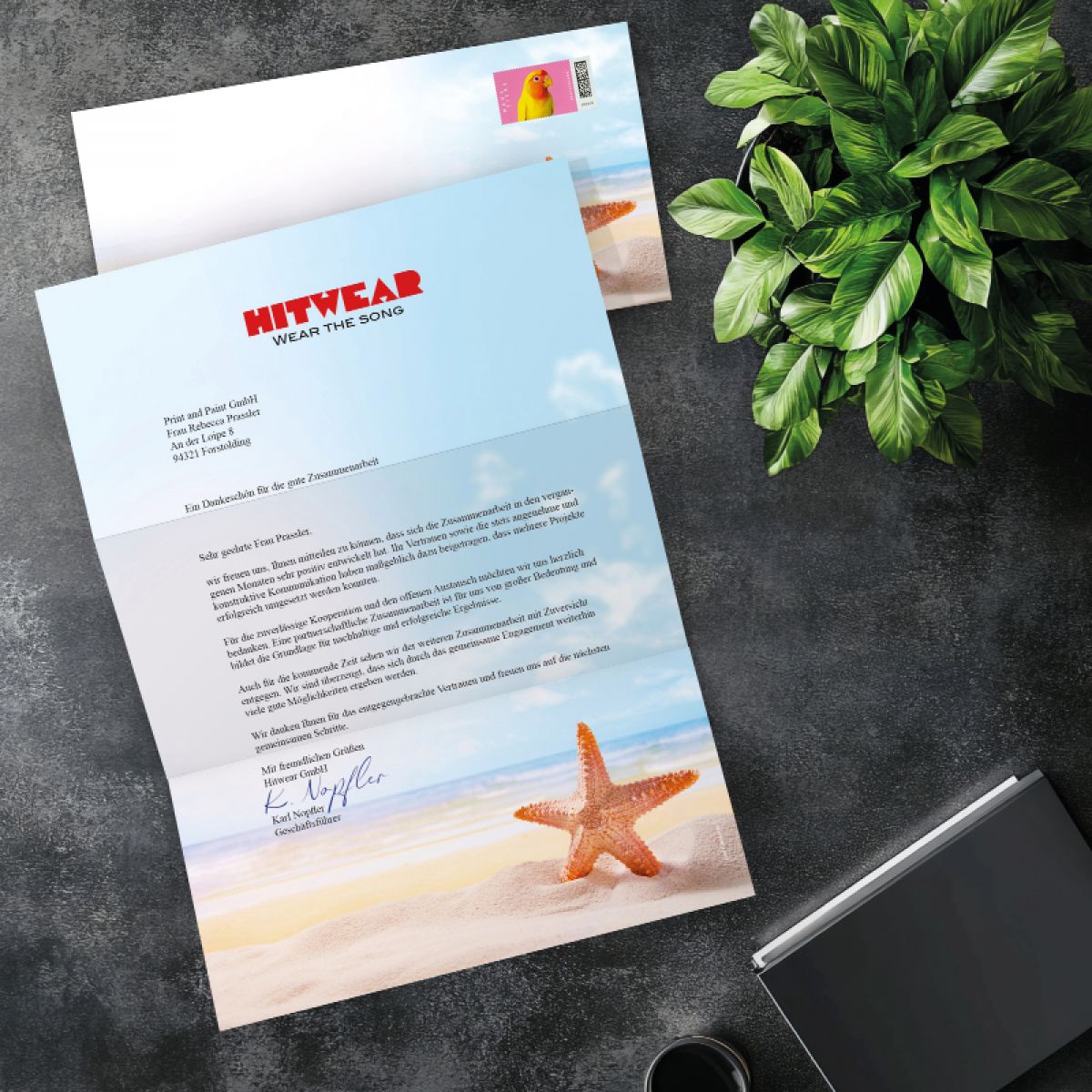Briefpapier Seestern mit adressiertem und frankiertem DIN Lang Umschlag