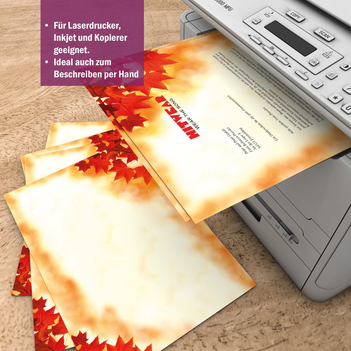 Briefpapier-Serie Rote Ahornblätter mit Papier, Kuverts und Etiketten