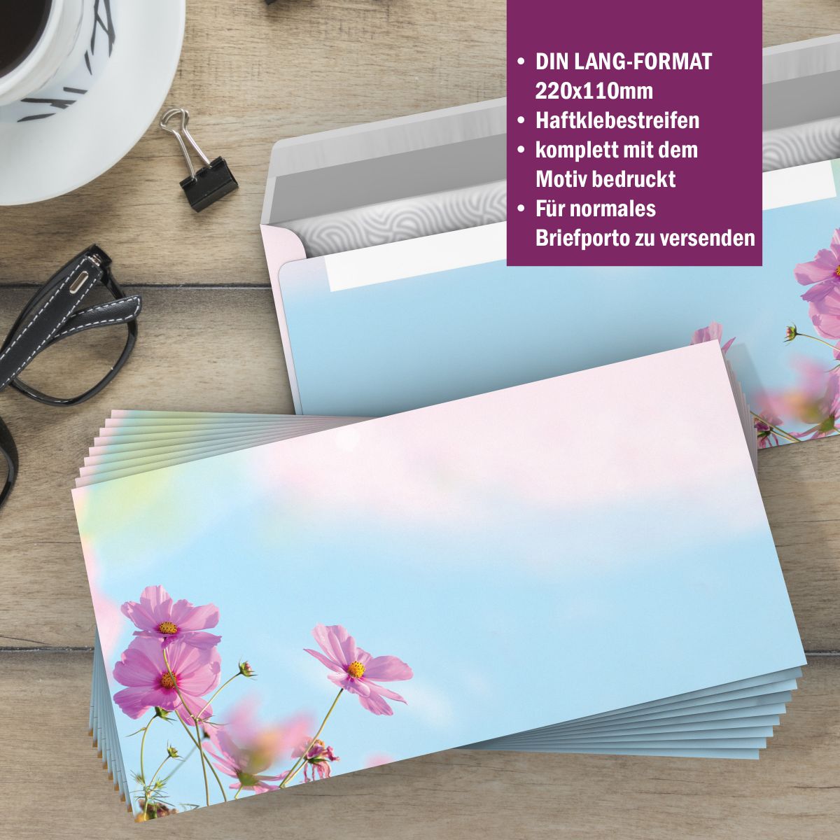 Motivpapier Cosmea Blumen DIN A4 – Briefpapier mit Kuverts mit/ohne Fenster