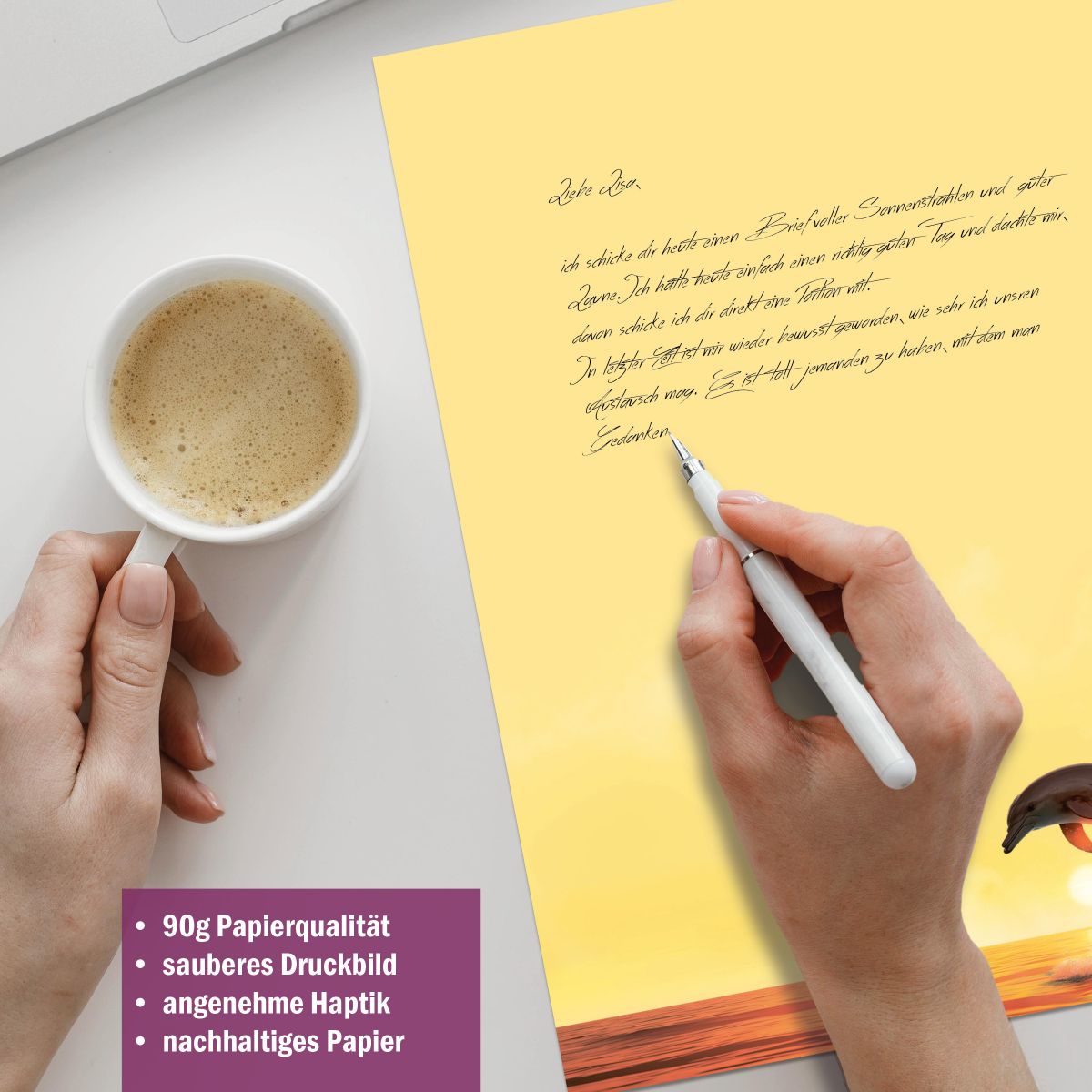 Briefpapier-Serie Delfine mit Papier, Kuverts und Etiketten