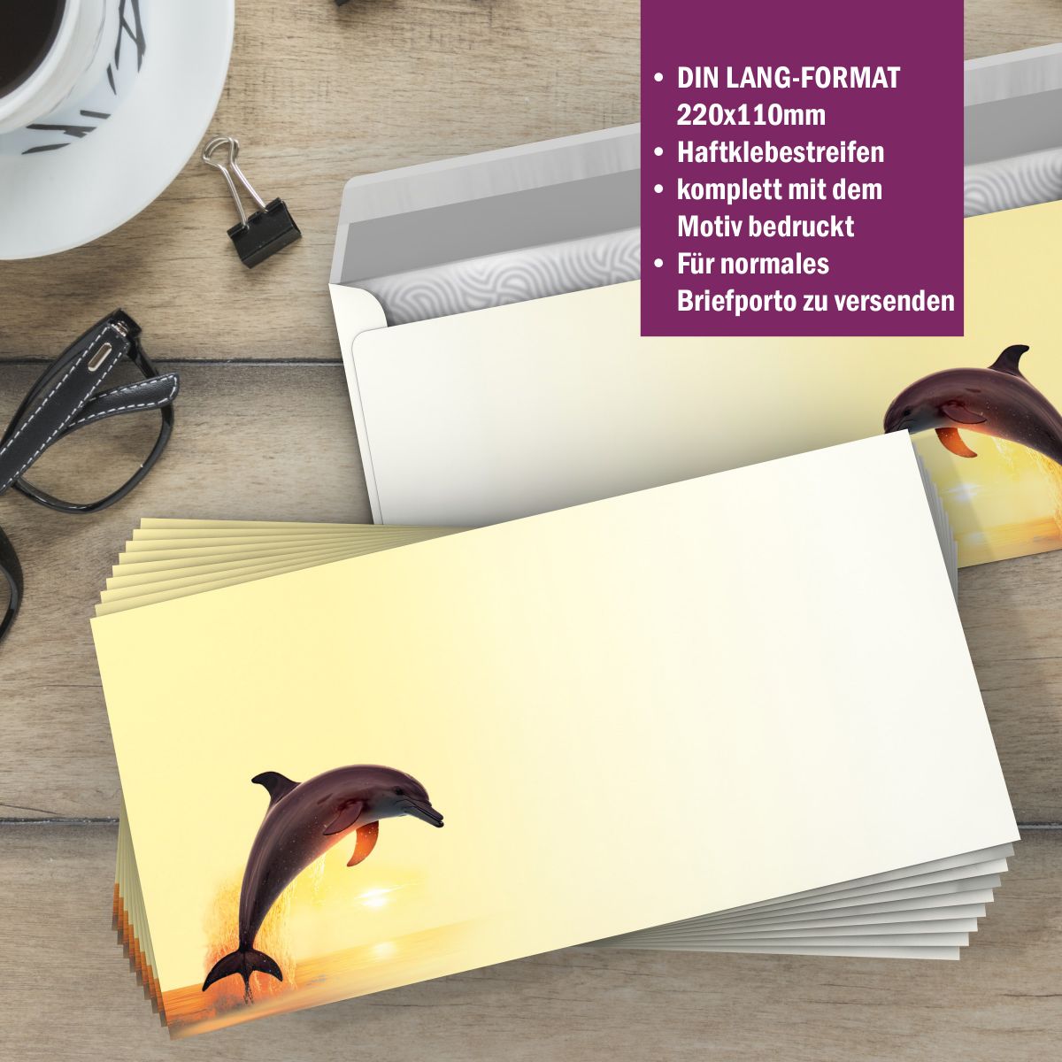 Motivpapier Delfine DIN A4 – Briefpapier mit Kuverts