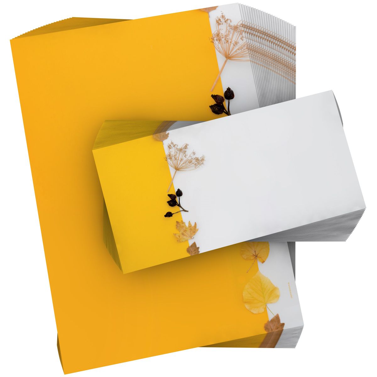 Motivpapier Herbstliches Farbenspiel DIN A4 – Gelbe und orange Blätter vor kräftigem warmen Hintergrund sorgen für ein modernes Herbst-Farbenspiel