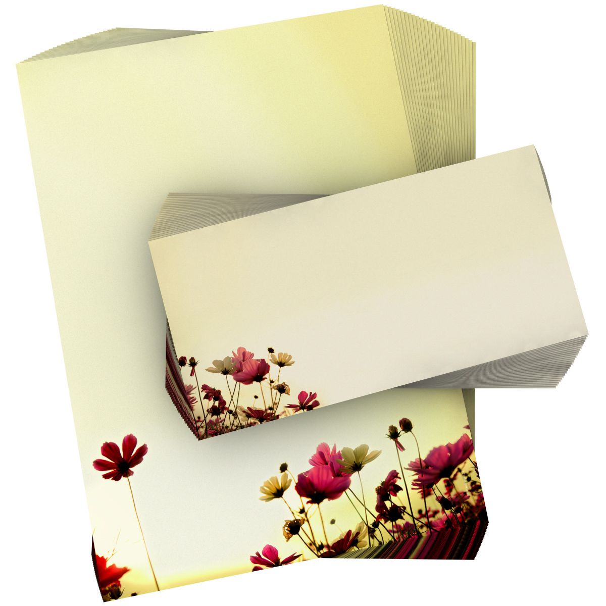 Motivpapier Sunny Flowers DIN A4 – Warme Sonnenblumen und kleine Blüten am unteren Rand schaffen eine freundliche, sommerliche Atmosphäre