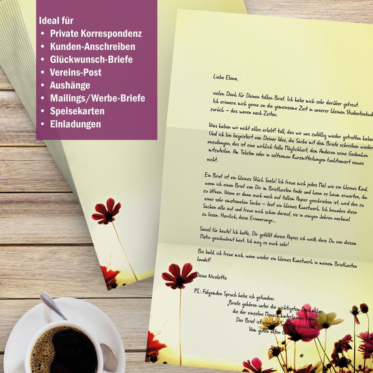 Motivpapier Sunny Flowers DIN A4 – Briefpapier mit Kuverts mit/ohne Fenster