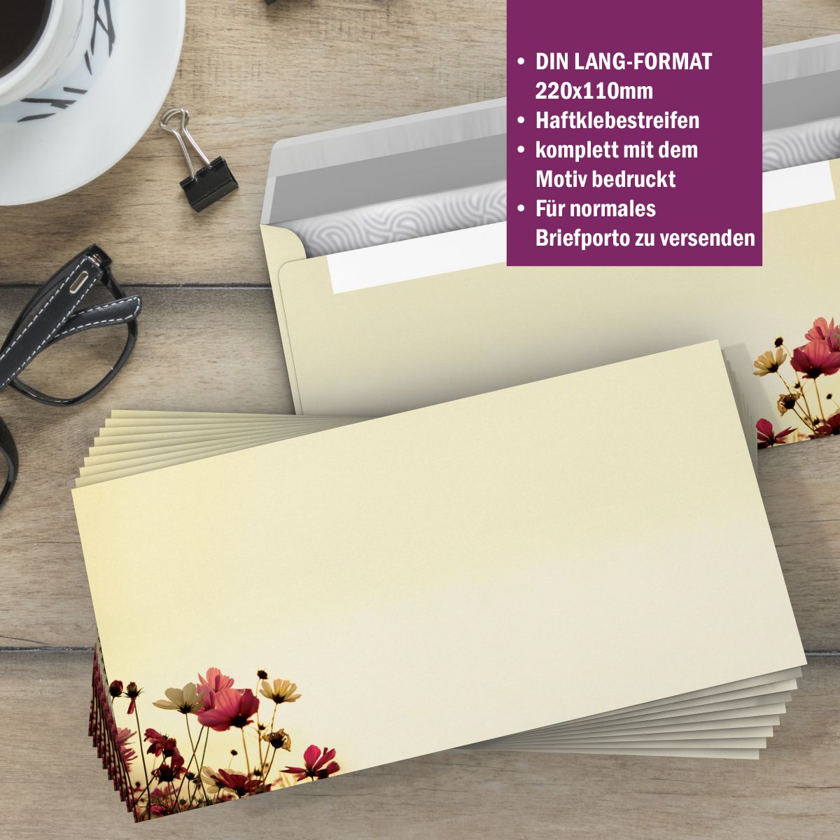 Motivpapier Sunny Flowers DIN A4 – Briefpapier mit Kuverts mit/ohne Fenster