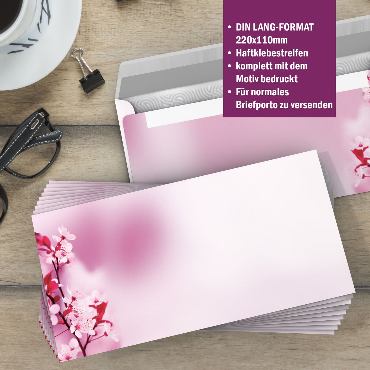 Cherry Blossoms A4 Writing Paper – Stationery with window/non-window envelopes
