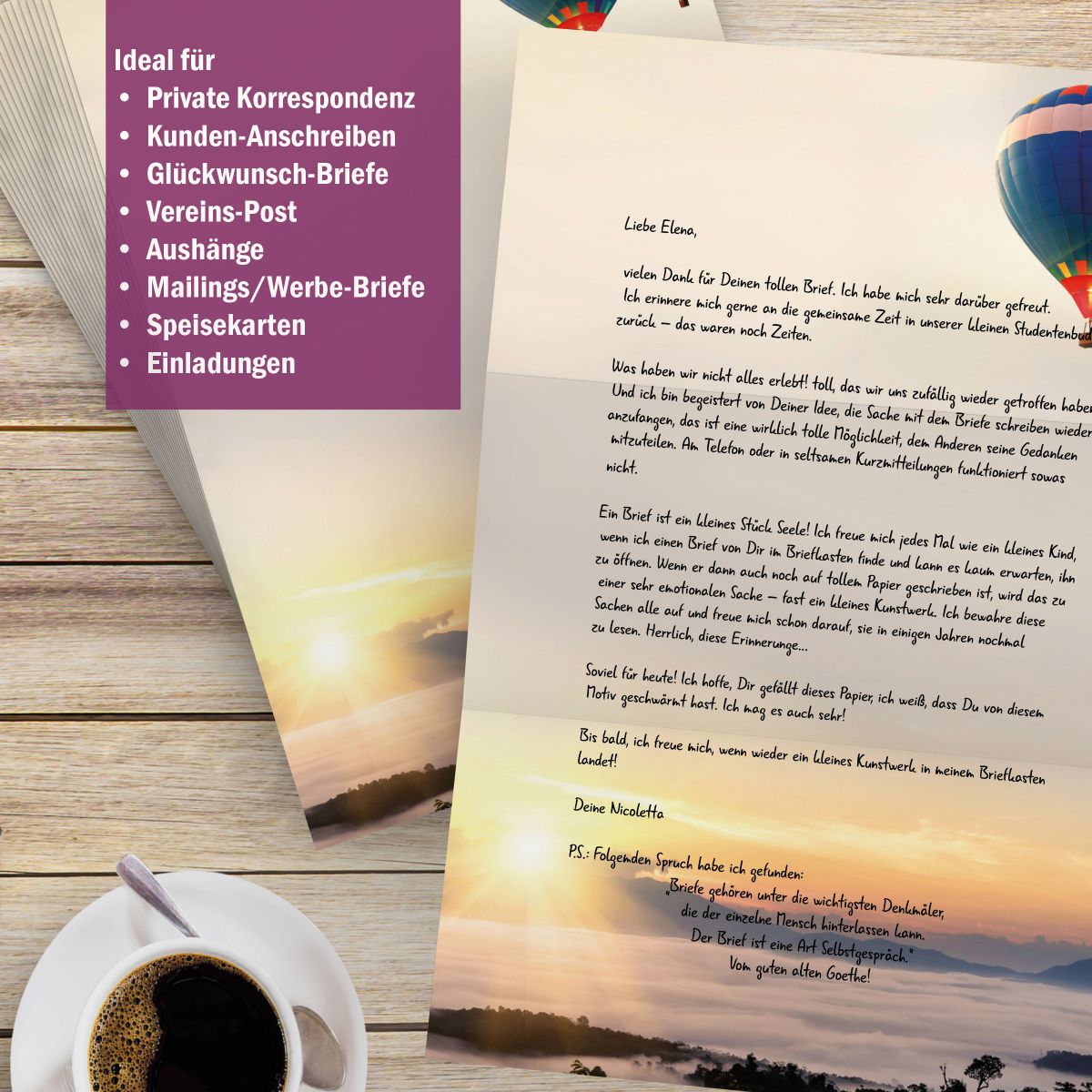 Motivpapier Wolkenreise im Ballon DIN A4 – Briefpapier mit Kuverts