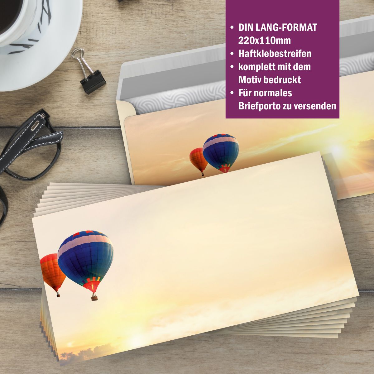 Motivpapier Wolkenreise im Ballon DIN A4 – Briefpapier mit Kuverts