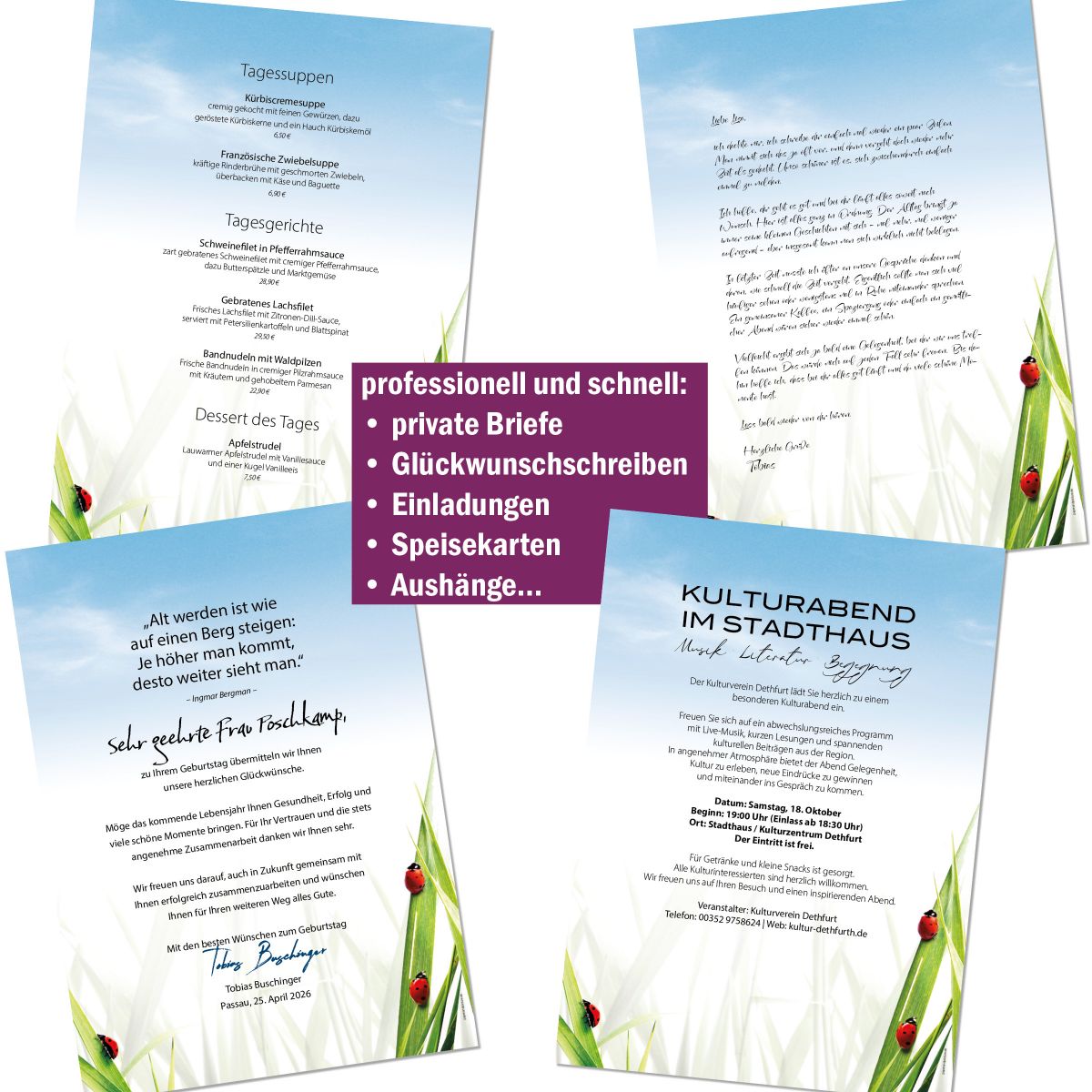 Motivpapier Marienkäfer im Gras DIN A4 – Briefpapier mit Kuverts mit/ohne Fenster