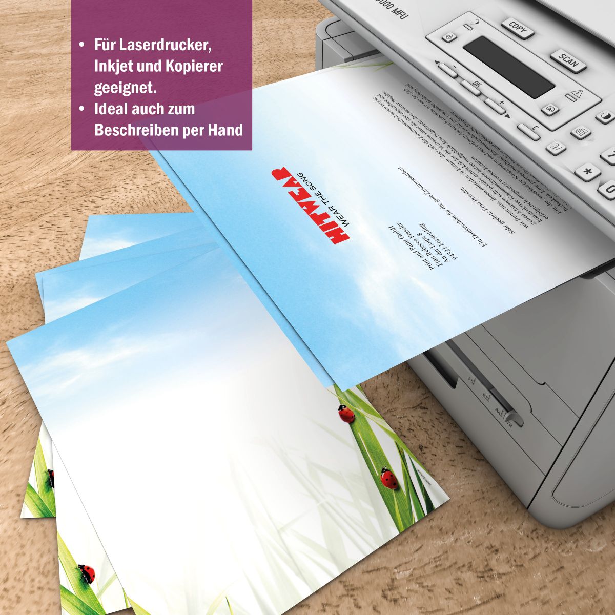 Motivpapier Marienkäfer im Gras DIN A4 – Briefpapier mit Kuverts mit/ohne Fenster