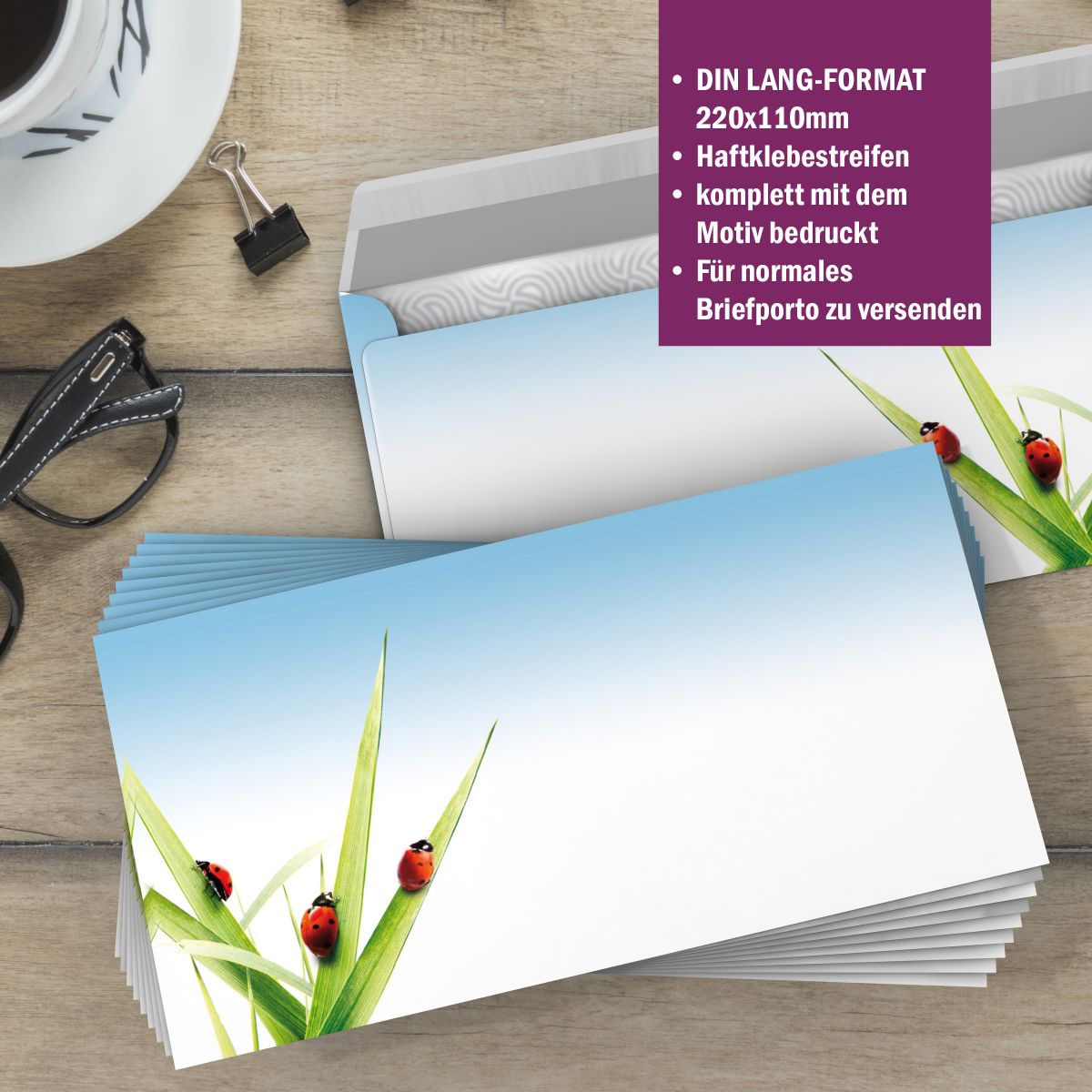 Motivpapier Marienkäfer im Gras DIN A4 – Briefpapier mit Kuverts mit/ohne Fenster