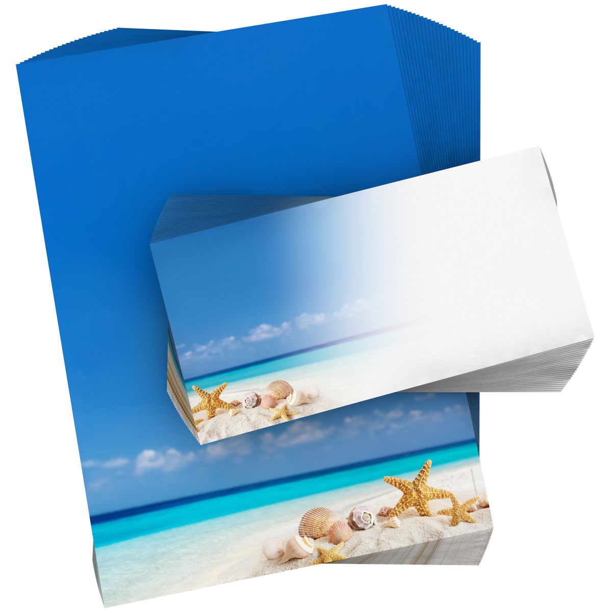 Motivpapier Muscheln im Sand DIN A4 – Muscheln und Seestern am türkisblauen Meer schaffen einen klaren, sommerlichen Küstenlook