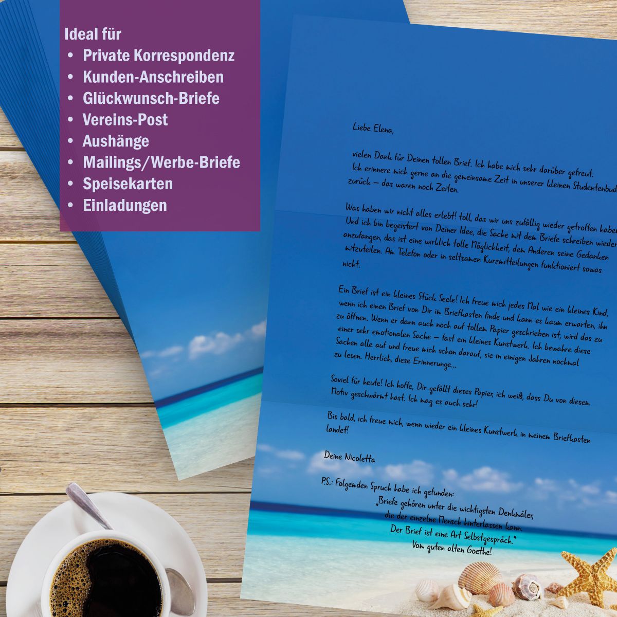 Motivpapier Muscheln im Sand DIN A4 – Briefpapier mit Kuverts