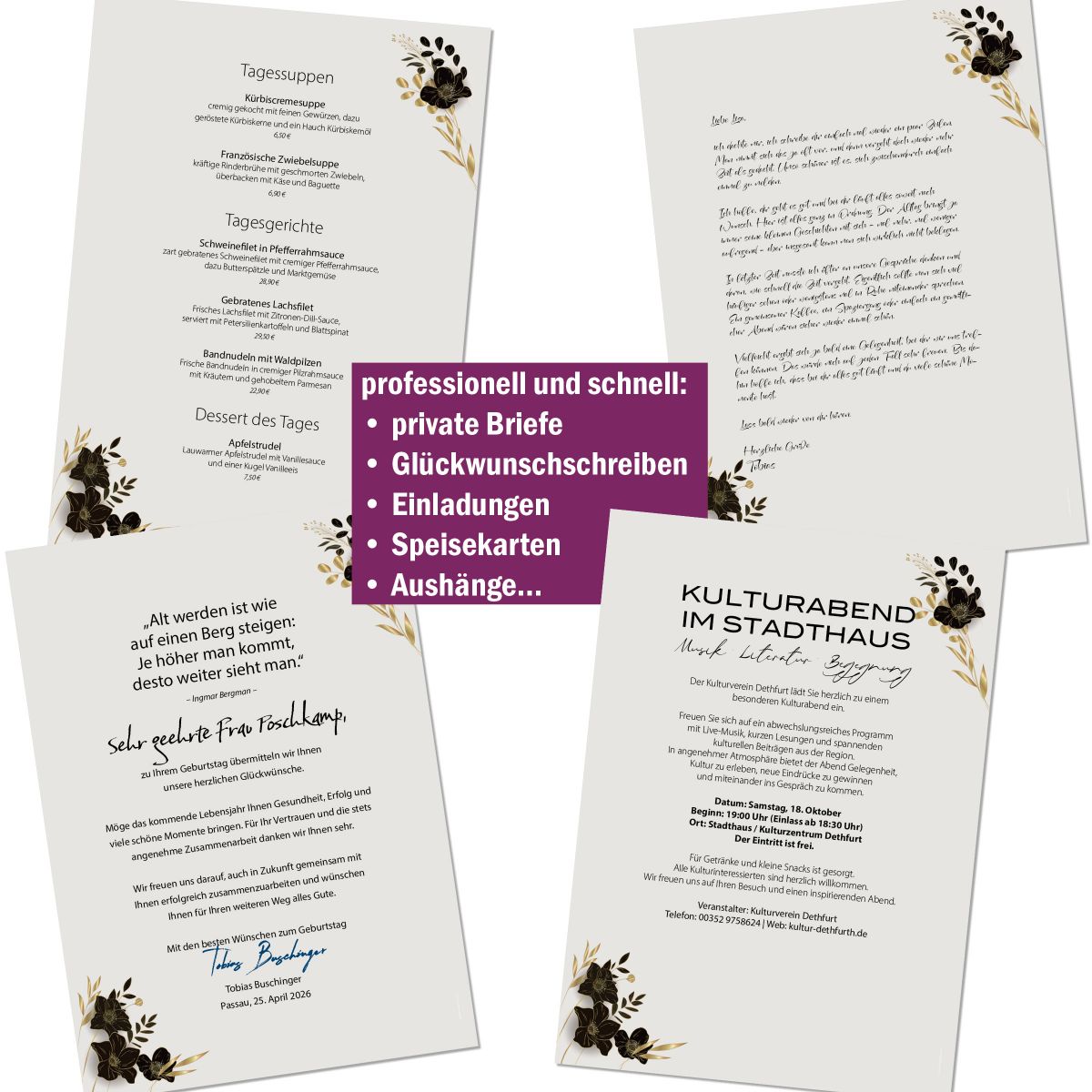 Motivpapier Black Flowers DIN A4 – Briefpapier mit Kuverts