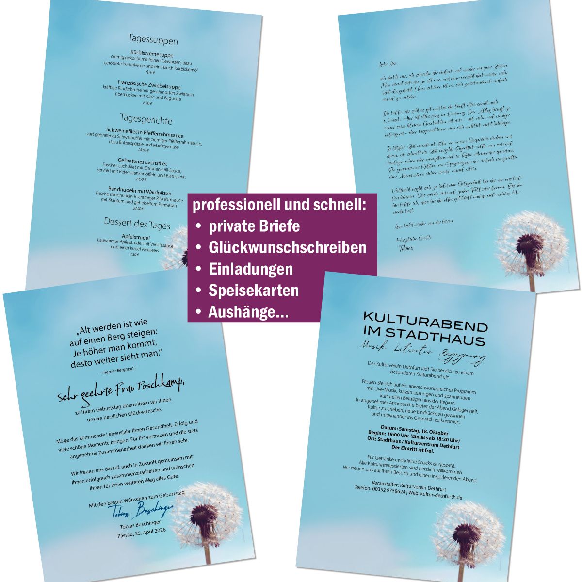Motivpapier Pusteblume DIN A4 – Briefpapier mit Kuverts