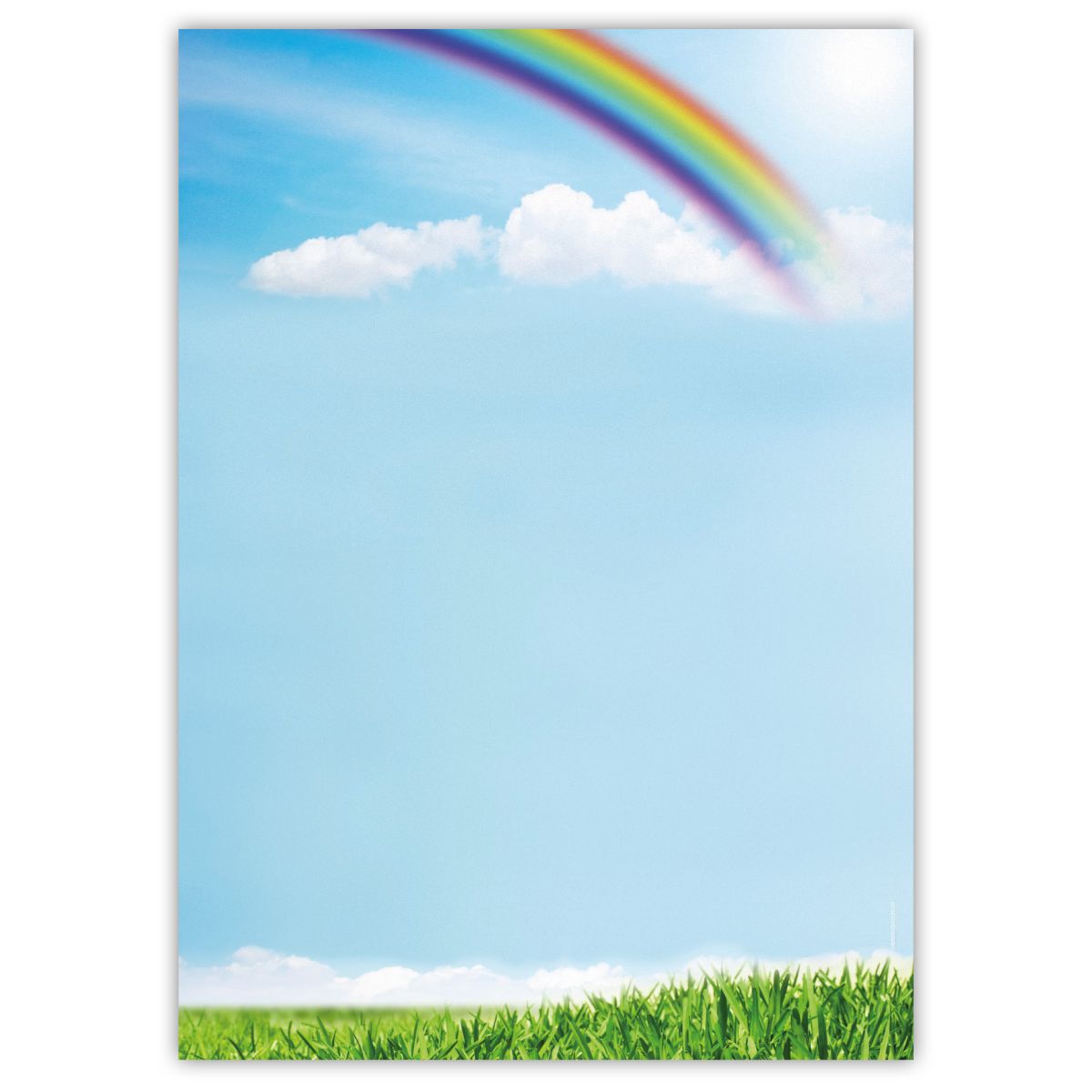 Motivpapier Regenbogen DIN A4 – Regenbogen, blauer Himmel und grünes Gras vermitteln Optimismus, Farbe und Leichtigkeit