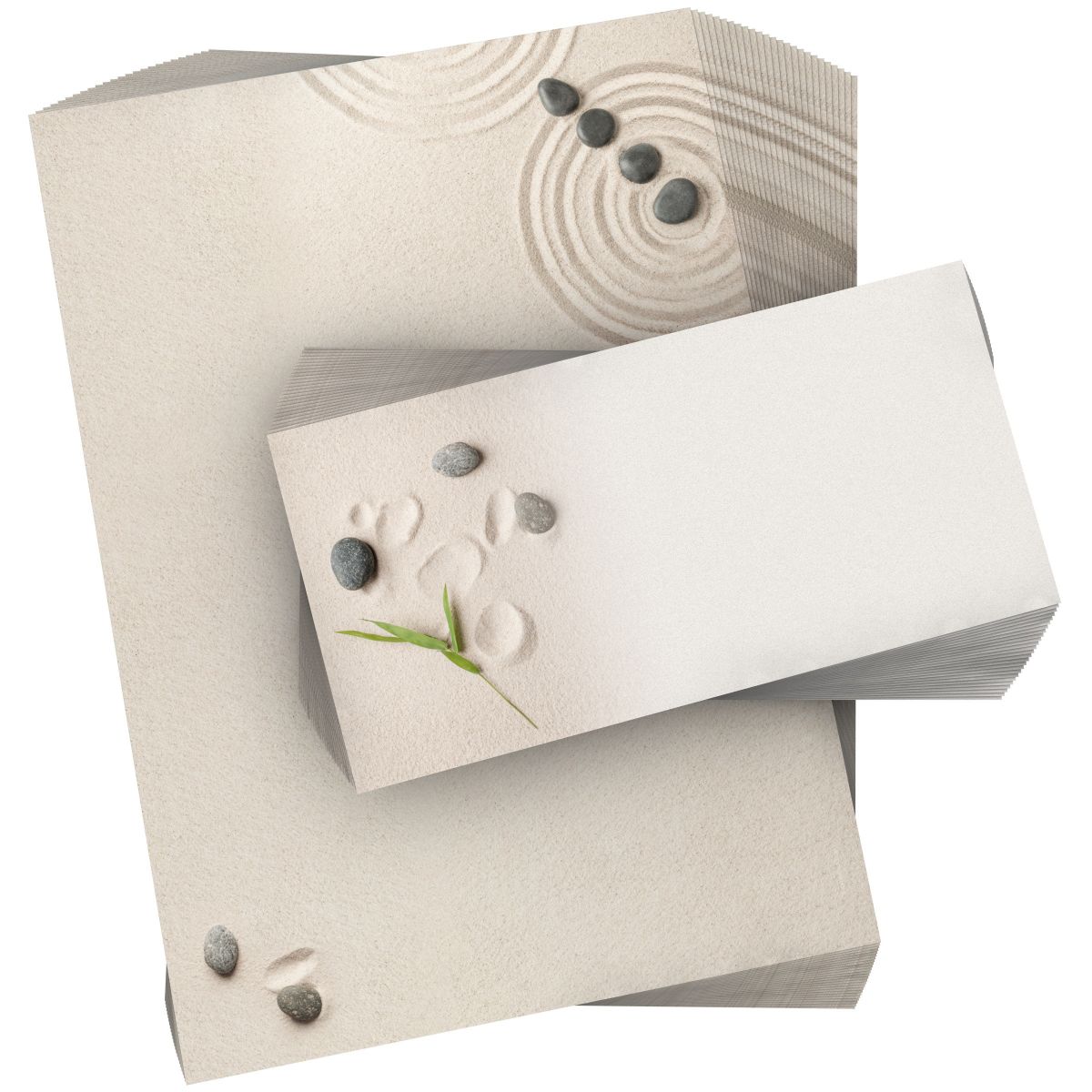 Motivpapier Beruhigende Steine DIN A4 – Heller Sand, Zen-Kreise und dunkle Steine vermitteln Ruhe, Balance und einen hochwertigen Wellness-Look