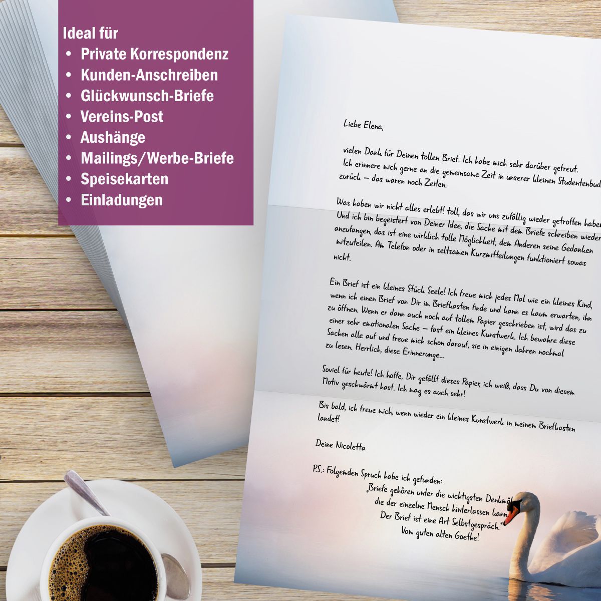 Motivpapier Schwan DIN A4 – Briefpapier mit Kuverts