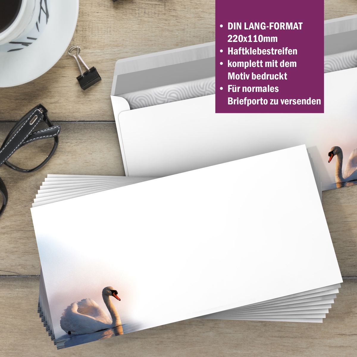 Motivpapier Schwan DIN A4 – Briefpapier mit Kuverts