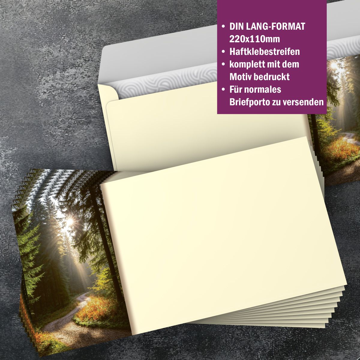 Motivpapier Sonniger Waldweg DIN A4 – Briefpapier mit Kuverts
